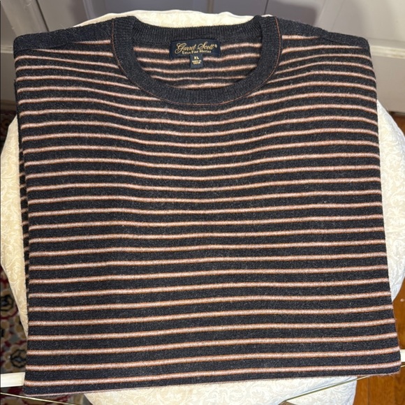 Garret Scott Men's Striped Heather Gray, Tan and Red Striped Merino Wool Sweater - Picture 1 of 7